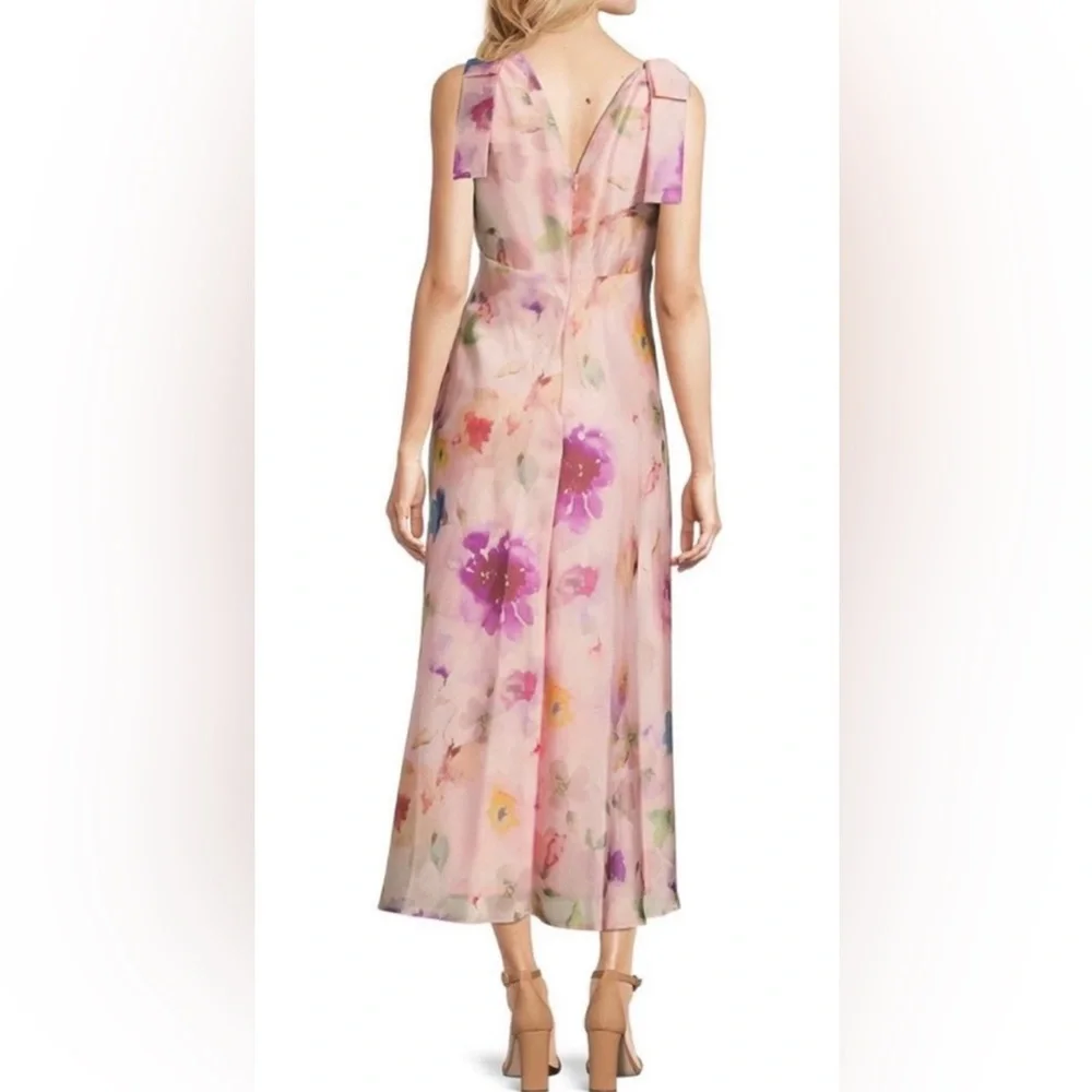 Maison Tara V Neck Pink Watercolor Floral Maxi Dress with Bow Straps size 6 $148 - Picture 2 of 16